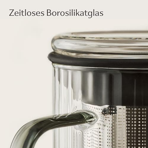 Cosumy Hitzebeständige Teetasse 450ml Schwarz - Farbgriff aus Borosilikat Glas mit Korkuntersetzer und Edelstahlfilter