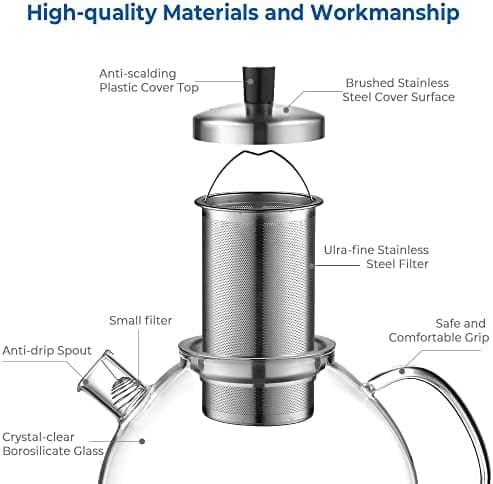 Ecooe Original 1500ml Bronzeschiefer Glass Tea Kettle Borosilicate Glass Tea Infuser with Removable 18/8 Stainless Steel