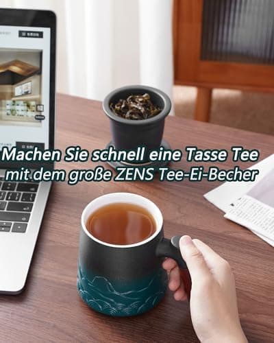 ZENS Teetasse mit Deckel und Teesieb für Tee Liebhaber bei\viewschiebung und Atemluft, 450ml, Große Holzgriff Matte Kera