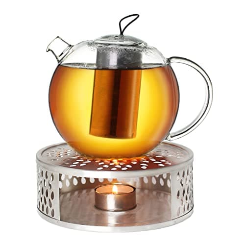 Creano Glas Teekanne 1,2l + Edelstahl Stövchen, ideal für Teezubereitung mit Losen Blüten