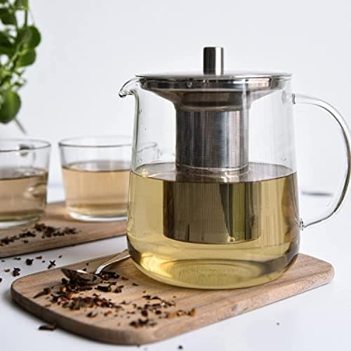 Glasteekanne 1L handgefertigt, hitzebeständig, für 4-8 Tassen, borosilikatetes Glas, herausnehmbares Edelstahl-Sieb