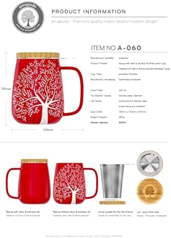 Amapodo XXL Teetasse - Plastikfreie 600ml Porzellantasse mit Deckel und Sieb - Weiß - Perfekt für Tee-Liebhaber - Großes