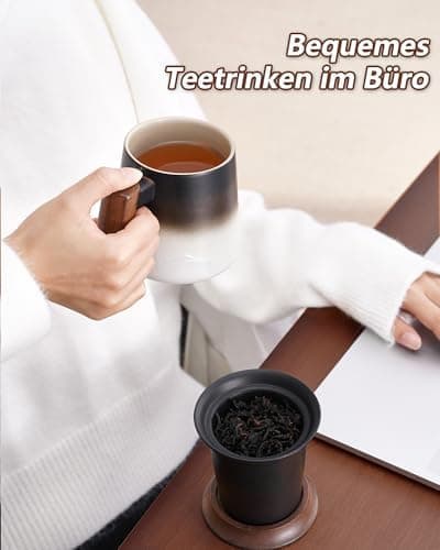 ZENS Teetasse mit Deckel und Teesieb für Tee Liebhaber bei\viewschiebung und Atemluft, 450ml, Große Holzgriff Matte Kera