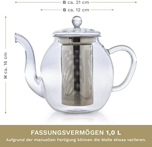 Creano Glas Teekanne 1,2l + Edelstahl Stövchen, ideal für Teezubereitung mit Losen Blüten