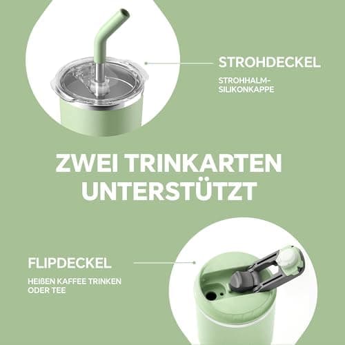 Ideaux Isolierbecher 14oz (420ml) | Doppelwandig | Eign. für Kaffee & Tee - Grün | Auslaufsicher | Reisebef. | Heiß & Ka