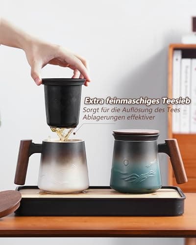 ZENS Teetasse mit Deckel und Teesieb für Tee Liebhaber bei\viewschiebung und Atemluft, 450ml, Große Holzgriff Matte Kera