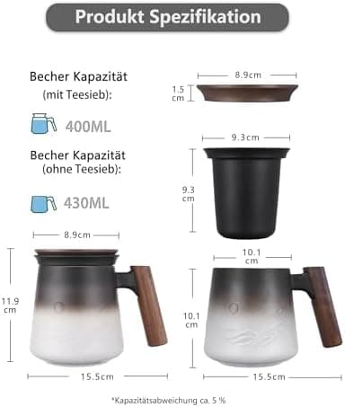 ZENS Teetasse mit Deckel und Teesieb für Tee Liebhaber bei\viewschiebung und Atemluft, 450ml, Große Holzgriff Matte Kera