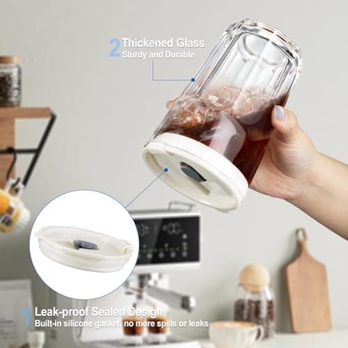 Ecooe 2 Stück Glasbecher mit Deckel und Strohhalm für Matcha Latte und Cocktails 380ml Wasserdichte Kaffeegläser