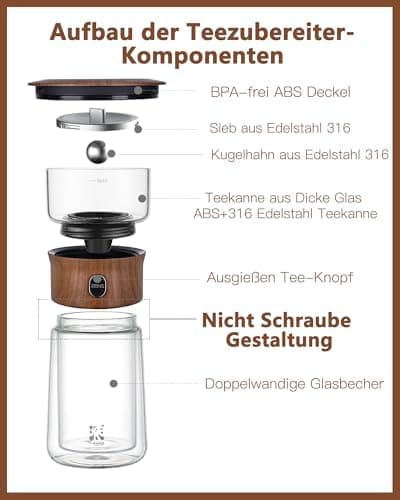 ZENS Modern Teekanne Glas mit Sieb für Teeliebhaber in Portable Tea Maker mit Isolierbecher