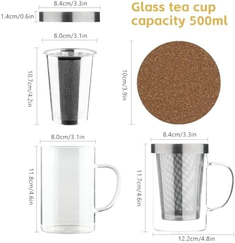 Grosser Teetee Becher mit Edelstahl Sieb und Deckel, 500ml Borosilikat Teeglas für Blumentee
| Borosilikat Teetasse mit