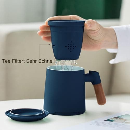 ZENS Teetasse mit Deckel und Sieb Geschenke für Teeliebhaber Matte Keramik 360 ml Holzgriff
