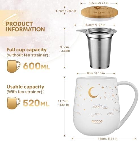 Ecoe Teetasse mit Deckel und Sieb - 600 ml Keramik Teetasse mit Edelstahl Sieb und Deckel, Schwarz Keramik Teebecher Set