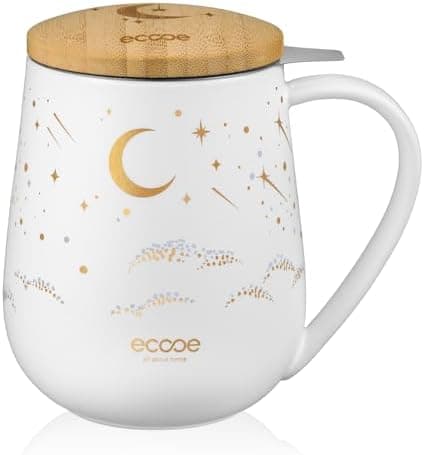 Ecoe Teetasse mit Deckel und Sieb - 600 ml Keramik Teetasse mit Edelstahl Sieb und Deckel, Schwarz Keramik Teebecher Set