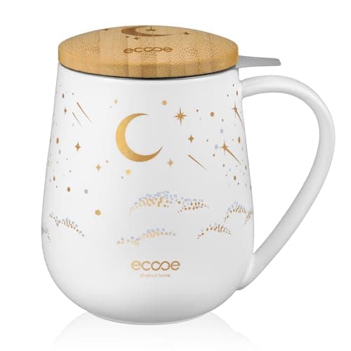 Ecoe Teetasse mit Deckel und Sieb - 600 ml Keramik Teetasse mit Edelstahl Sieb und Deckel, Schwarz Keramik Teebecher Set