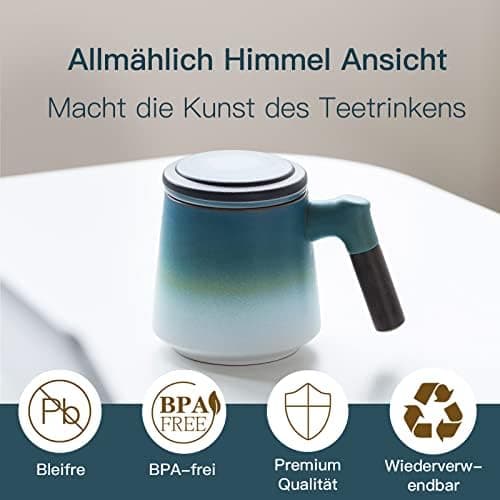 ZENS Teetasse mit Deckel und Teesieb für Tee Liebhaber bei\viewschiebung und Atemluft, 450ml, Große Holzgriff Matte Kera