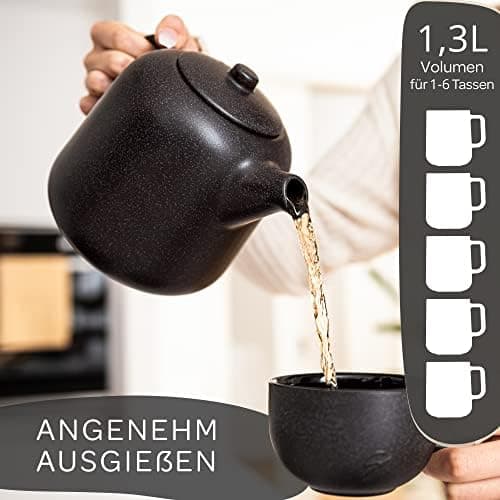 STEINZEIT Design Teekanne Schwarz 1,3L Edelstahl Siebkeramik Glasur