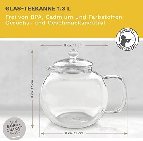 Teekanne Glas Creano 1,2l - 2 Teeblumen - Tropffrei - Gastro-Geschenk