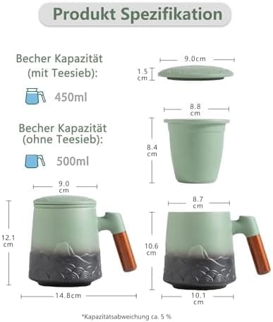 ZENS Teetasse mit Deckel und Teesieb für Tee Liebhaber bei\viewschiebung und Atemluft, 450ml, Große Holzgriff Matte Kera