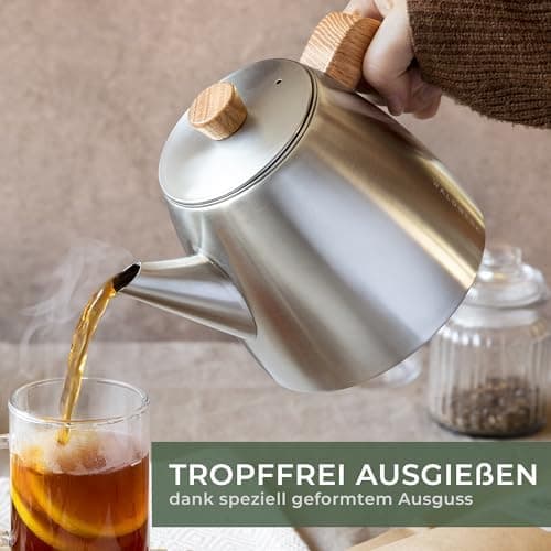 WALDWERK Tropffreie Teekanne 304 Edelstahl - IDEAL für Teebewerter - Holzgriffesignierungen - 1 Liter Doppelwandige Teek