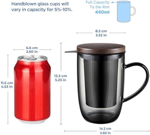 EcoOE 440 ml Borosilikat Teetasse mit Ultrafein Edelstahl Sieb und Natürlicher Bambus Deckel für Koffeinfreie Getränke