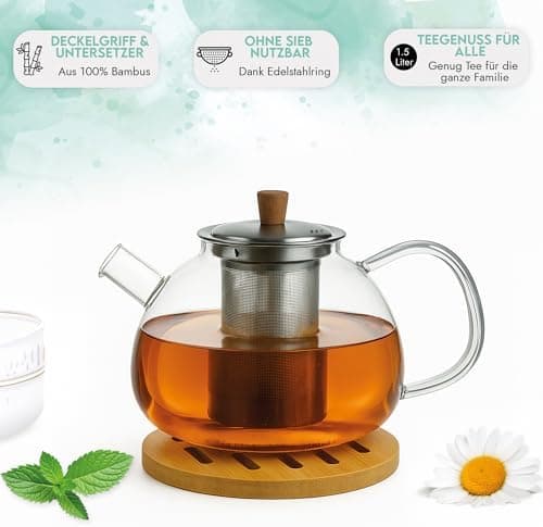 Teekanne aus Borosilikatglas mit Edelstahl-Sieb für Dobin - 1,5 Liter - Tropffrei, Hitzebeständig, Spülmaschinenfest