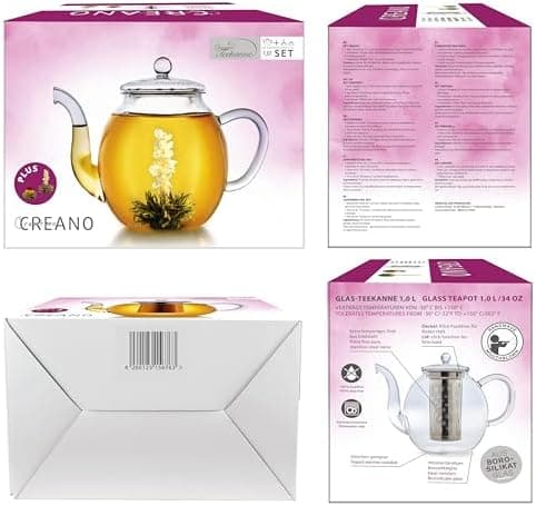 Teekanne Glas Creano 1,2l - 2 Teeblumen - Tropffrei - Gastro-Geschenk