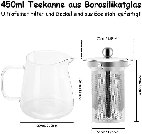 Teekanne Glas mit Siebeinsatz 450ml klar Hitzebeständig für Schwarzen Tee
