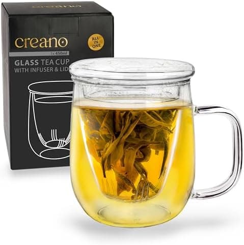Creano Teeglas All-In-One, große Teetasse mit Sieb und Deckel aus Glas für Tee liebende Frauen und Männer bei jeder Gele
