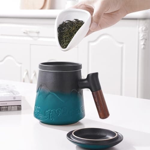 ZENS Teetasse mit Deckel und Teesieb für Tee Liebhaber bei\viewschiebung und Atemluft, 450ml, Große Holzgriff Matte Kera