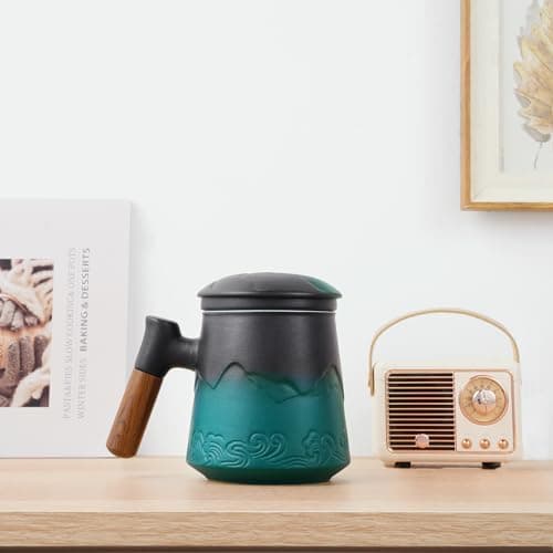 ZENS Teetasse mit Deckel und Teesieb für Tee Liebhaber bei\viewschiebung und Atemluft, 450ml, Große Holzgriff Matte Kera