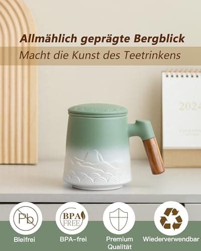 ZENS Teetasse mit Deckel und Teesieb für Tee Liebhaber bei\viewschiebung und Atemluft, 450ml, Große Holzgriff Matte Kera