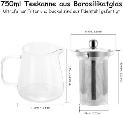 Teekanne Glas mit Siebeinsatz 450ml klar Hitzebeständig für Schwarzen Tee