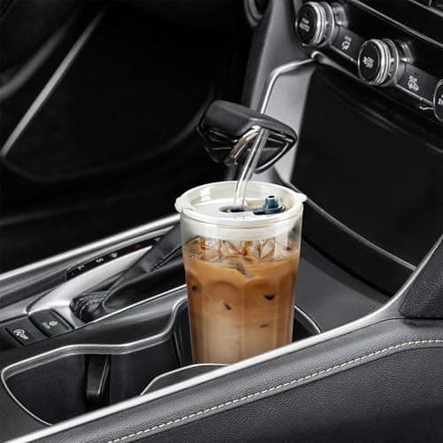 Ecooe 2 Stück Glasbecher mit Deckel und Strohhalm für Matcha Latte und Cocktails 380ml Wasserdichte Kaffeegläser