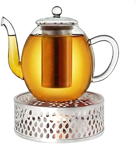 Creano Glas Teekanne 1,2l + Edelstahl Stövchen, ideal für Teezubereitung mit Losen Blüten