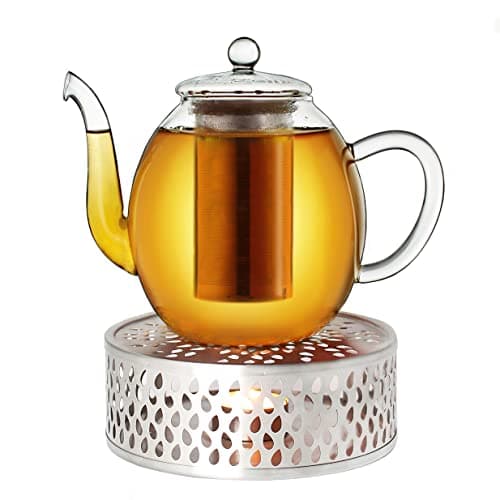 Creano Glas Teekanne 1,2l + Edelstahl Stövchen, ideal für Teezubereitung mit Losen Blüten