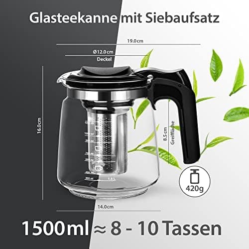 T24 Glas Teekanne mit Hitzebeständigem Edelstahl Filter für Losen Tee - 1250ml - Überhitzungsschutz und Siebeingebaust