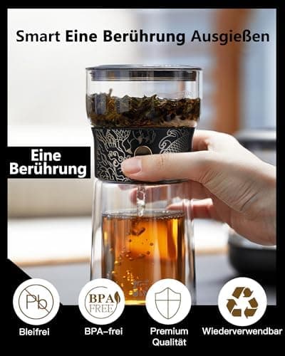 ZENS Modern Teekanne Glas mit Sieb für Teeliebhaber in Portable Tea Maker mit Isolierbecher