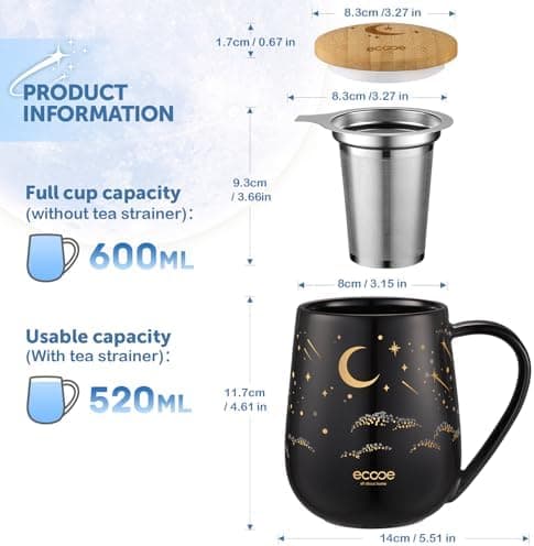 Ecoe Teetasse mit Deckel und Sieb - 600 ml Keramik Teetasse mit Edelstahl Sieb und Deckel, Schwarz Keramik Teebecher Set