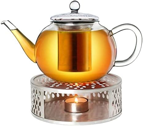 Creano Glas Teekanne 1,2l + Edelstahl Stövchen, ideal für Teezubereitung mit Losen Blüten