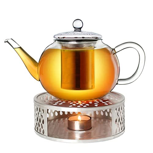 Creano Glas Teekanne 1,2l + Edelstahl Stövchen, ideal für Teezubereitung mit Losen Blüten