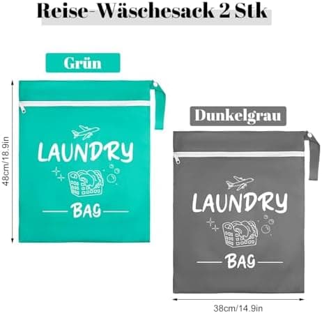 2 Stück Dunkelgrau+Grün wasserdichte Reise Wäschesack 38*48cm Faltbar Füllung/downloadsicher Schmutzwäschebeutel für Rei