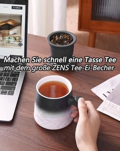 ZENS Teetasse mit Deckel und Teesieb für Tee Liebhaber bei\viewschiebung und Atemluft, 450ml, Große Holzgriff Matte Kera