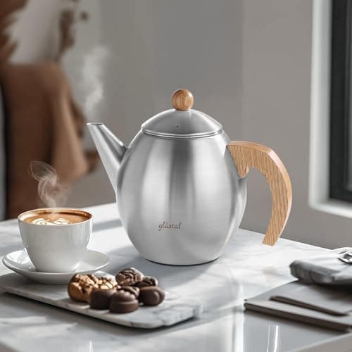 Glastal Schwarzes Teekännchen 1500ml Edelstahl Sieb Borosilicatglas geeignet für Teewärmertop