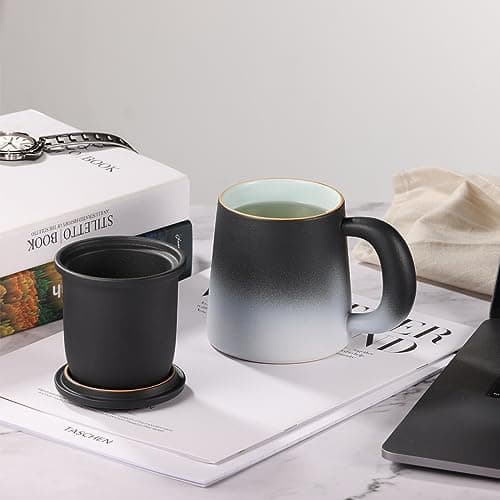 Ecoe TEETASSE Mit Teesieb Und Deckel, 420ml Keramik Tasse Für Losen Tee Große Teetassen Schwarz Und Weiß Gradienten Teeb