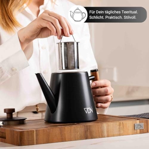 VDN Teekanne mit Siebeinsatz für 5-6 Tassen - Doppelwandig Edelstahl, 1L - Thermowarm bis zu 1h - Teebereiter für losen