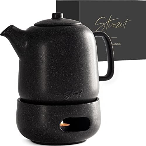 STEINZEIT Design Teekanne Schwarz 1,3L Edelstahl Siebkeramik Glasur