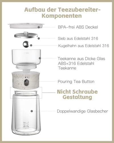 ZENS Modern Teekanne Glas mit Sieb für Teeliebhaber in Portable Tea Maker mit Isolierbecher