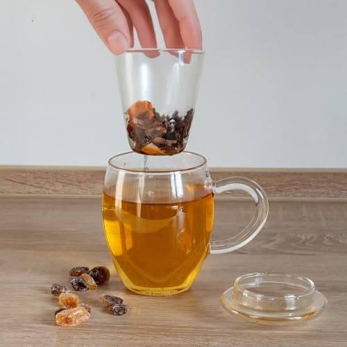 Creano Teeglas All-In-One, große Teetasse mit Sieb und Deckel aus Glas für Tee liebende Frauen und Männer bei jeder Gele