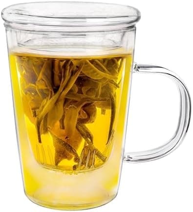 Creano Teeglas All-In-One, große Teetasse mit Sieb und Deckel aus Glas für Tee liebende Frauen und Männer bei jeder Gele