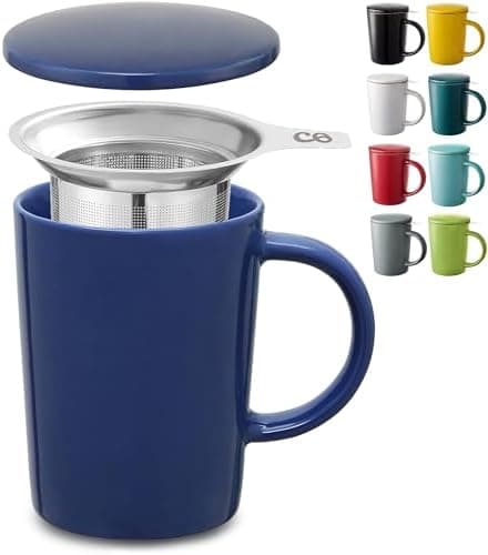 Cosumy Keramik Teetasse mit Sieb und Deckel - Hält lange warm - Spülmaschinenfest - Ideal für Tagesgebrauch - 400ml
